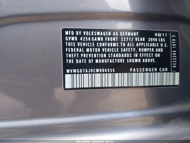 2012 Volkswagen Gti 4-door მანქანა იყიდება აუქციონზე, vin: WVWGD7AJ0CW006935, აუქციონის ნომერი: 45205683