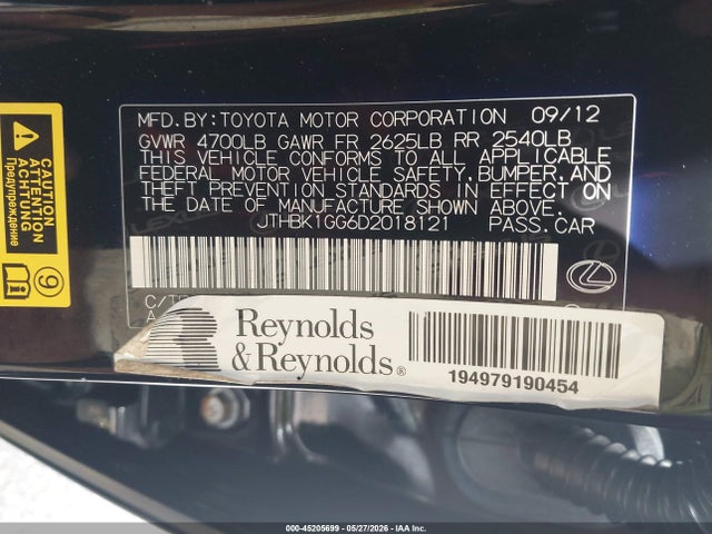 45205699 :رقم المزاد ، JTHBK1GG6D2018121 vin ، 2013 Lexus Es 350 مزاد بيع