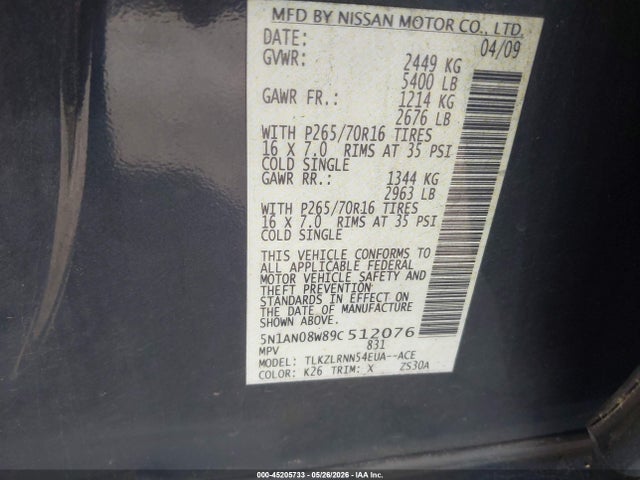 2009 Nissan Xterra S მანქანა იყიდება აუქციონზე, vin: 5N1AN08W89C512076, აუქციონის ნომერი: 45205733