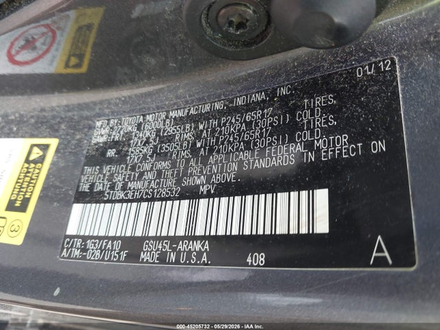 Продажа на аукционе авто 2012 Toyota Highlander Base V6, vin: 5TDBK3EH7CS128532, номер лота: 45205732