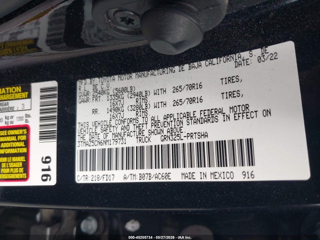 45205734 :رقم المزاد ، 3TMAZ5CN6NM179731 vin ، 2022 Toyota Tacoma Trd Off Road مزاد بيع