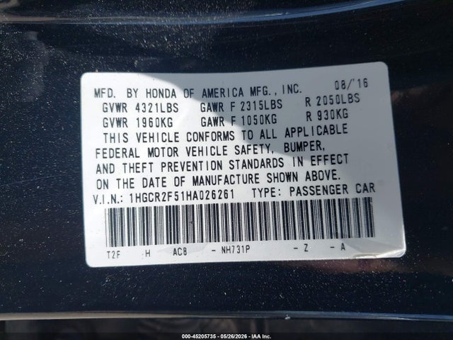 1HGCR2F51HA026261 Honda Accord Sport