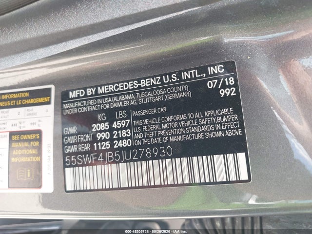 Aukcja sprzedaży 2018 Mercedes-benz C 300, vin: 55SWF4JB5JU278930, numer aukcji: 45205738