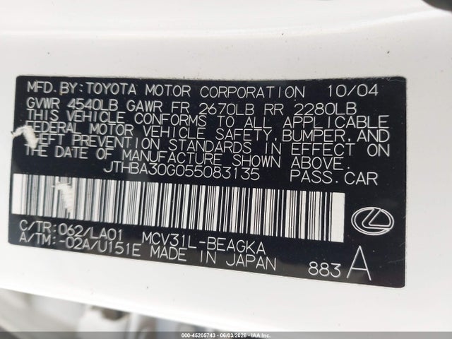 45205743 :رقم المزاد ، JTHBA30G055083135 vin ، 2005 Lexus Es 330 مزاد بيع