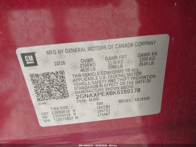 Продаж на аукціоні авто 2019 Chevrolet Equinox Premier, vin: 2GNAXPEX6K6169178, номер лоту: 45205747