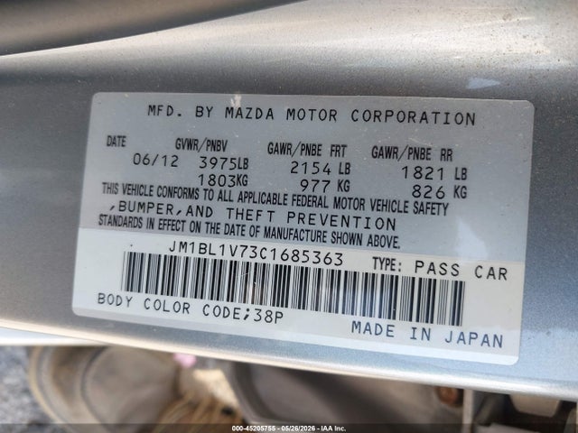 Aukcja sprzedaży 2012 Mazda Mazda3 I Touring, vin: JM1BL1V73C1685363, numer aukcji: 45205755