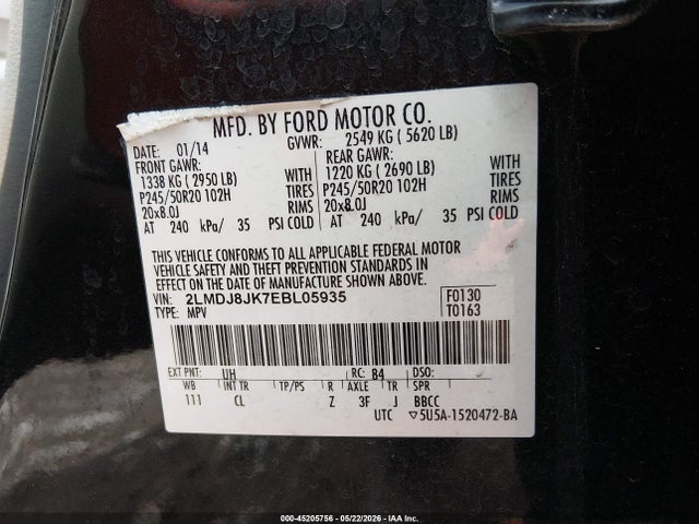 45205756 :رقم المزاد ، 2LMDJ8JK7EBL05935 vin ، 2014 Lincoln Mkx مزاد بيع