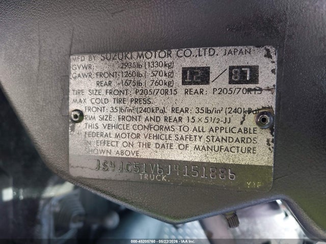 1988 Suzuki Samurai მანქანა იყიდება აუქციონზე, vin: JS4JC51V6J4151886, აუქციონის ნომერი: 45205760