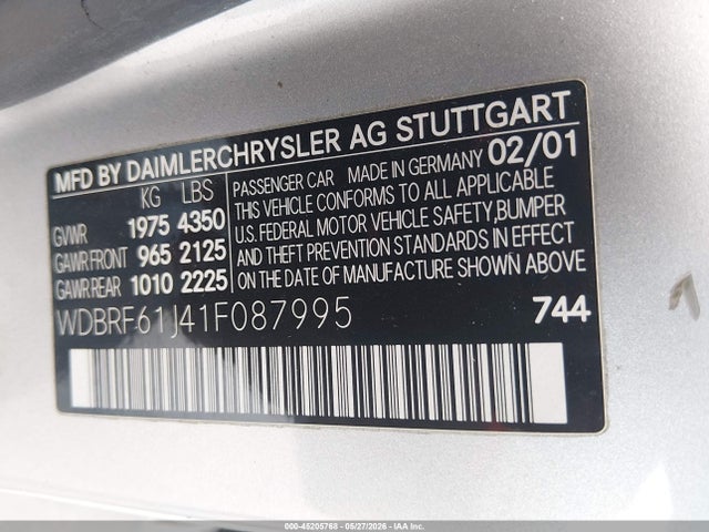 Продаж на аукціоні авто 2001 Mercedes-benz C 240, vin: WDBRF61J41F087995, номер лоту: 45205768