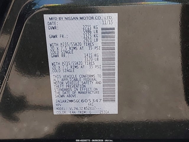 2016 Nissan Pathfinder Platinum მანქანა იყიდება აუქციონზე, vin: 5N1AR2MM5GC605347, აუქციონის ნომერი: 45205773