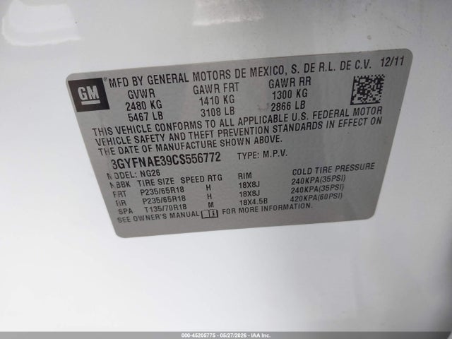 45205775 :رقم المزاد ، 3GYFNAE39CS556772 vin ، 2012 Cadillac Srx Luxury Collection مزاد بيع