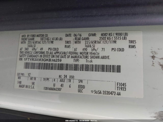 45205778 :رقم المزاد ، 1FTYR3XM3GKB38259 vin ، 2016 Ford Transit-250 مزاد بيع