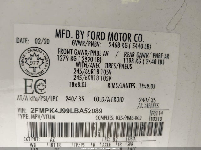 Ford EDGE SEL 2020 2FMPK4J99LBA52089 Image 9