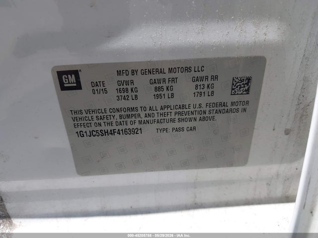2015 Chevrolet Sonic Lt Auto მანქანა იყიდება აუქციონზე, vin: 1G1JC5SH4F4163921, აუქციონის ნომერი: 45205788