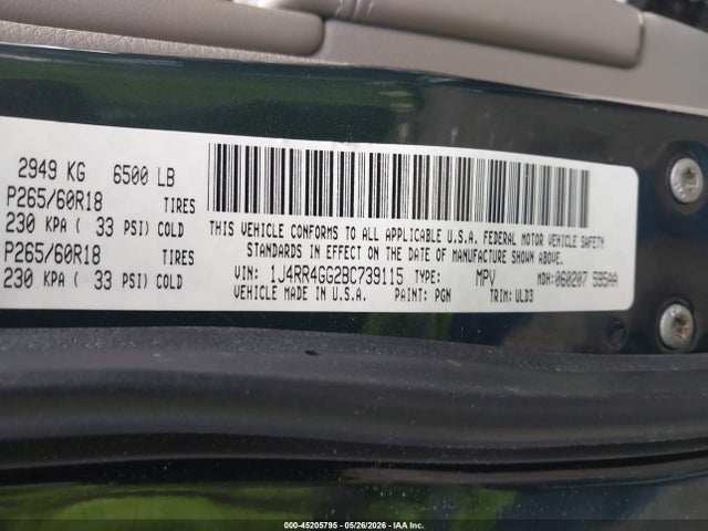 2011 Jeep Grand Cherokee Laredo მანქანა იყიდება აუქციონზე, vin: 1J4RR4GG2BC739115, აუქციონის ნომერი: 45205795
