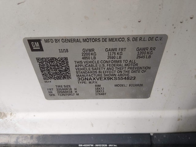 Aukcja sprzedaży 2019 Chevrolet Equinox Lt, vin: 3GNAXVEX9KS554823, numer aukcji: 45205798