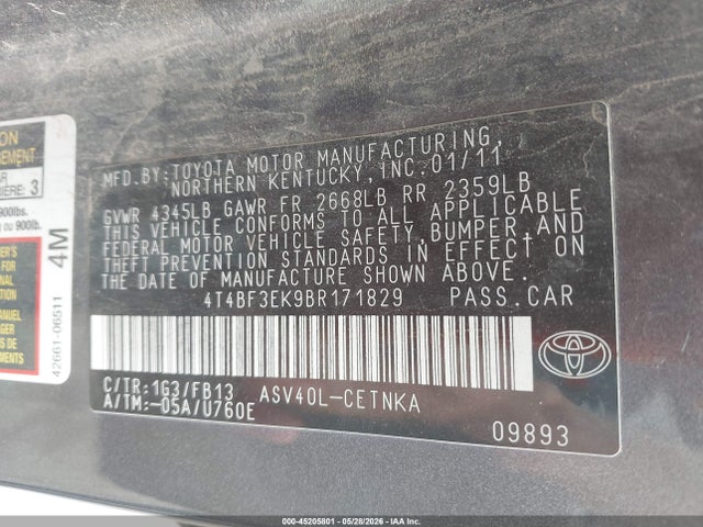 Продаж на аукціоні авто 2011 Toyota Camry Le, vin: 4T4BF3EK9BR171829, номер лоту: 45205801