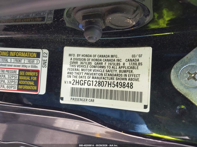 Продаж на аукціоні авто 2007 Honda Civic Ex, vin: 2HGFG12807H549848, номер лоту: 45205814