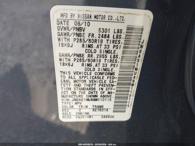 Продаж на аукціоні авто 2011 Infiniti Fx35, vin: JN8AS1MU4BM110115, номер лоту: 45205816