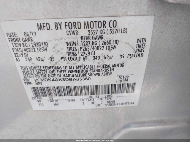 45205835 :رقم المزاد ، 2FMDK4AK8DBA65360 vin ، 2013 Ford Edge Sport مزاد بيع