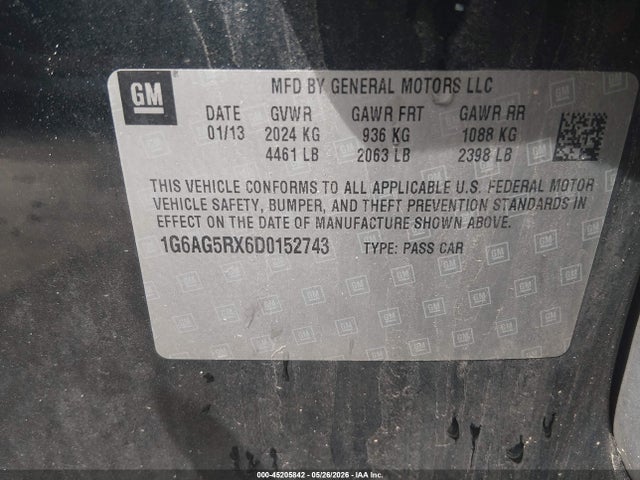 45205842 :رقم المزاد ، 1G6AG5RX6D0152743 vin ، 2013 Cadillac Ats Standard مزاد بيع