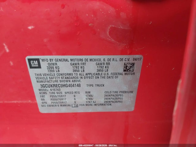 45205847 :رقم المزاد ، 3GCUKREC9HG404148 vin ، 2017 Chevrolet Silverado 1500 1lt مزاد بيع
