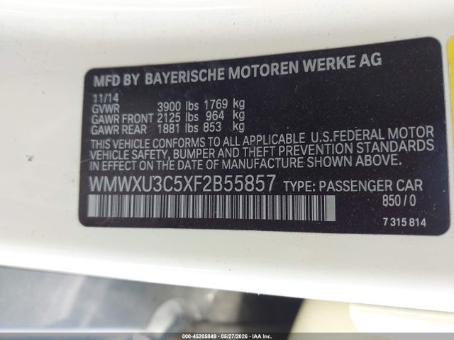 2015 Mini Hardtop Cooper S მანქანა იყიდება აუქციონზე, vin: WMWXU3C5XF2B55857, აუქციონის ნომერი: 45205849
