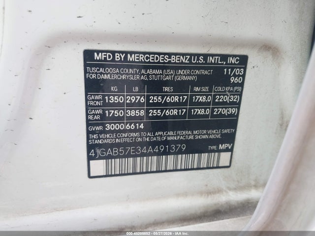 45205852 :رقم المزاد ، 4JGAB57E34A491379 vin ، 2004 Mercedes-benz Ml 350 4matic مزاد بيع