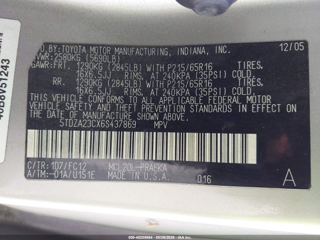 Aukcja sprzedaży 2006 Toyota Sienna Le, vin: 5TDZA23CX6S437869, numer aukcji: 45205864