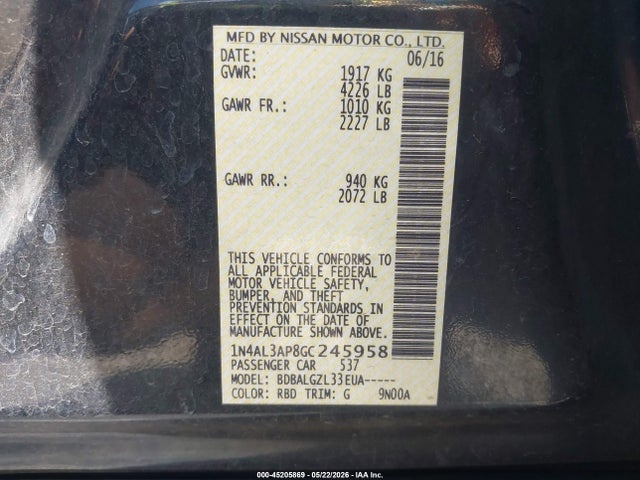 1N4AL3AP8GC245958 Nissan Altima 2.5/2.5 S/2.5 Sl/2.5 Sr/2.5 Sv