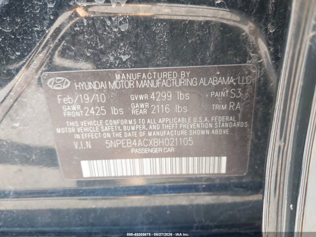 Aukcja sprzedaży 2011 Hyundai Sonata Gls, vin: 5NPEB4ACXBH021105, numer aukcji: 45205875