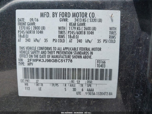 45205885 :رقم المزاد ، 2FMPK3J98GBC51778 vin ، 2016 Ford Edge Sel مزاد بيع