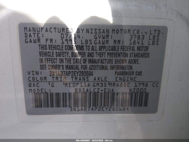 Продажа на аукционе авто 2014 Nissan Sentra S, vin: 3N1AB7AP2EY280684, номер лота: 45205887