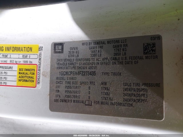 Продаж на аукціоні авто 2015 Chevrolet Silverado 1500 Wt, vin: 1GCNCPEH4FZ273435, номер лоту: 45205890