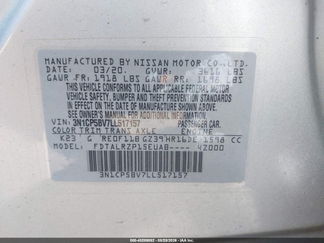 Продаж на аукціоні авто 2020 Nissan Kicks S Xtronic Cvt, vin: 3N1CP5BV7LL517157, номер лоту: 45205892