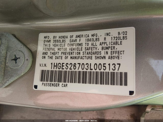 Auction sale of the 2003 Honda Civic Ex, vin: 1HGES26703L005137, lot number: 45205896