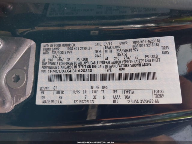 Aukcja sprzedaży 2016 Ford Escape Titanium, vin: 1FMCU0JX4GUA20330, numer aukcji: 45205900