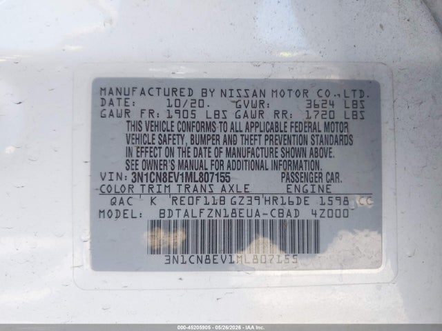 Aukcja sprzedaży 2021 Nissan Versa Sv Xtronic Cvt, vin: 3N1CN8EV1ML807155, numer aukcji: 45205905