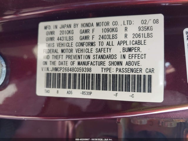 Aukcja sprzedaży 2008 Honda Accord 2.4 Ex-l, vin: JHMCP26848C059398, numer aukcji: 45205907