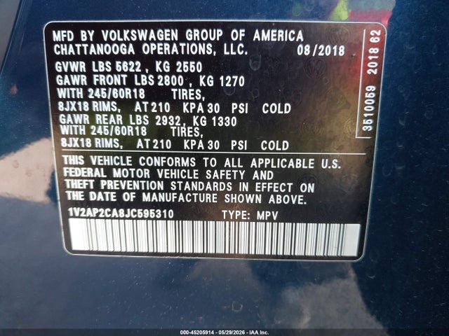 2018 Volkswagen Atlas 2.0t S მანქანა იყიდება აუქციონზე, vin: 1V2AP2CA8JC595310, აუქციონის ნომერი: 45205914