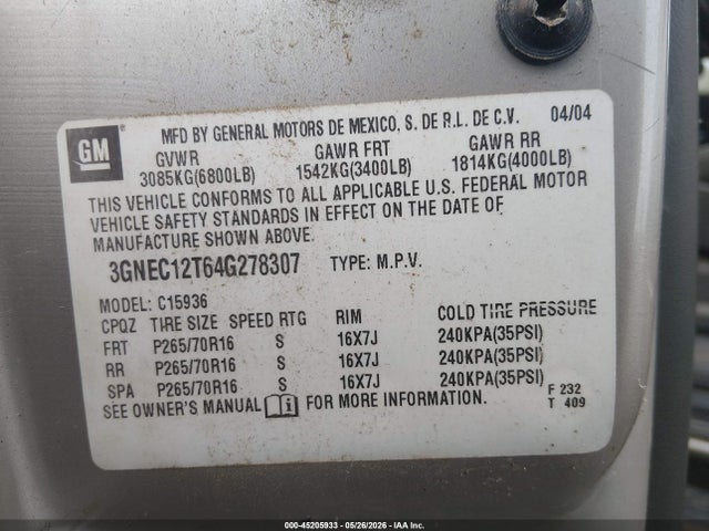 Aukcja sprzedaży 2004 Chevrolet Avalanche 1500, vin: 3GNEC12T64G278307, numer aukcji: 45205933