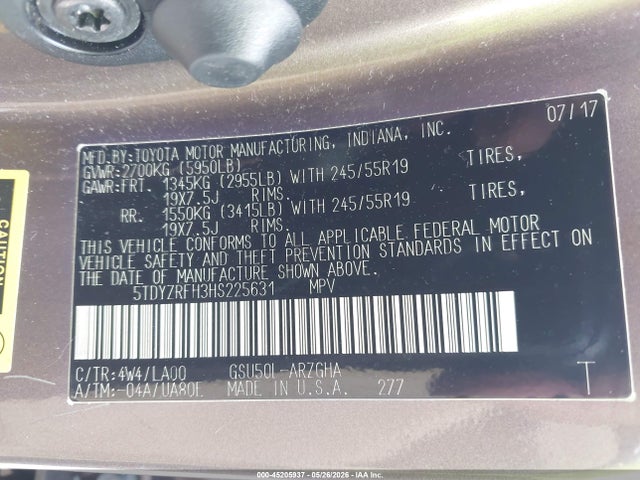 Toyota Highlander Limited 2017 5TDYZRFH3HS225631 Image 9