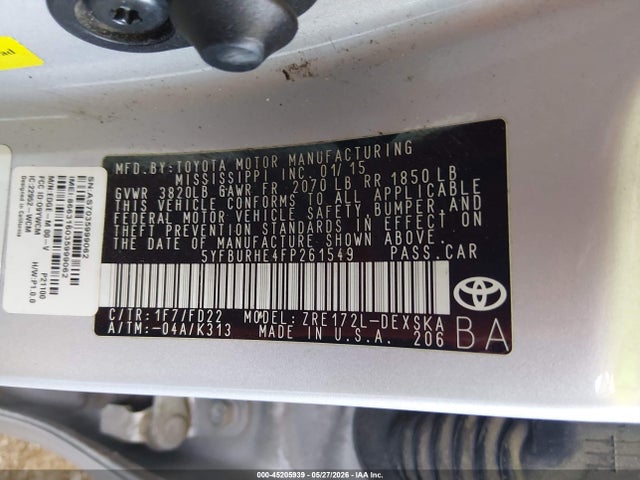 Aukcja sprzedaży 2015 Toyota Corolla S Plus, vin: 5YFBURHE4FP261549, numer aukcji: 45205939