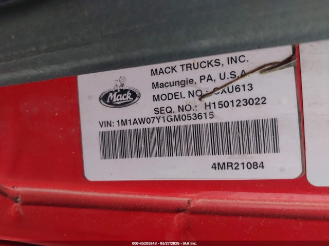 45205948 :رقم المزاد ، 1M1AW07Y1GM053615 vin ، 2016 Mack 600 Cxu600 مزاد بيع