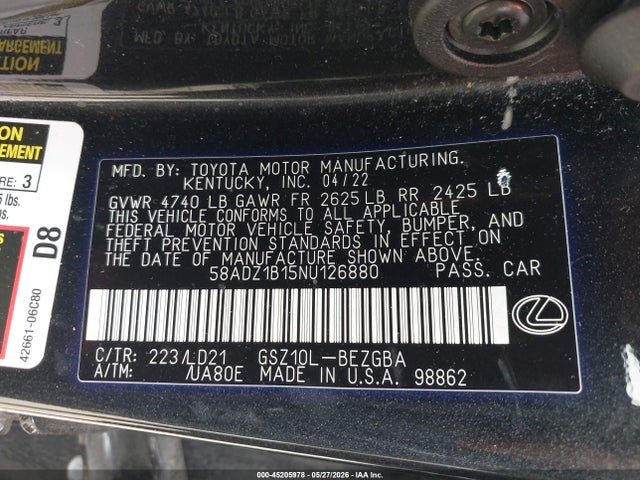 Продажа на аукционе авто 2022 Lexus Es 350, vin: 58ADZ1B15NU126880, номер лота: 45205978