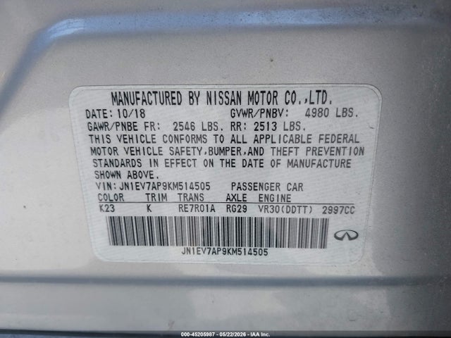 45205987 :رقم المزاد ، JN1EV7AP9KM514505 vin ، 2019 Infiniti Q50 3.0t Luxe مزاد بيع