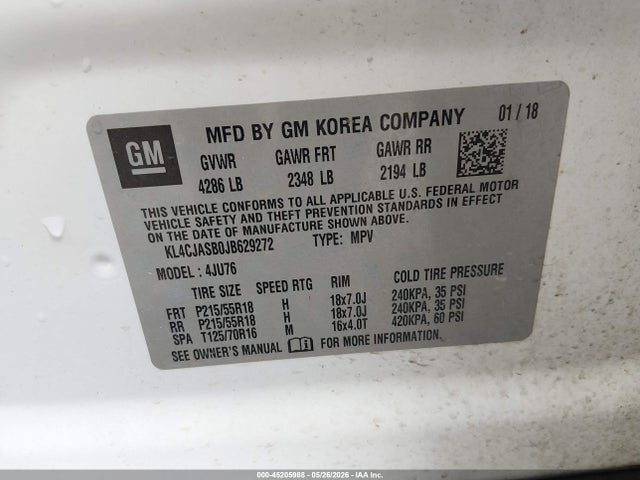 45205988 :رقم المزاد ، KL4CJASB0JB629272 vin ، 2018 Buick Encore Preferred مزاد بيع