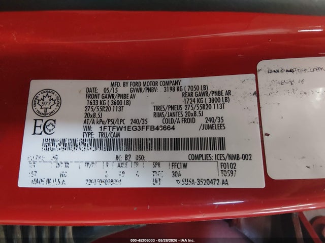 Aukcja sprzedaży 2015 Ford F-150 Lariat, vin: 1FTFW1EG3FFB43664, numer aukcji: 45206003