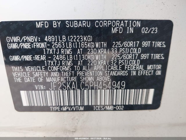 2023 Subaru Forester Wilderness მანქანა იყიდება აუქციონზე, vin: JF2SKALC5PH454949, აუქციონის ნომერი: 45206034