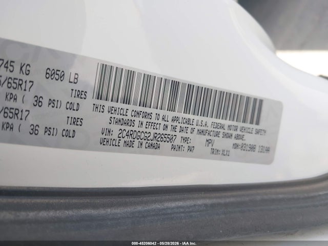 Продажа на аукционе авто 2018 Dodge Grand Caravan Sxt, vin: 2C4RDGCG2JR265507, номер лота: 45206042